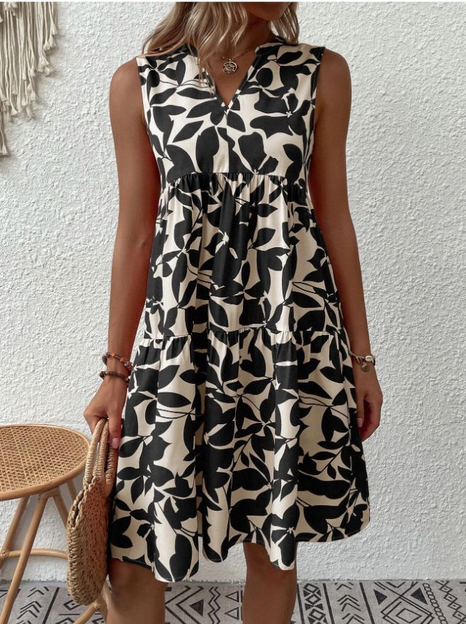 Women's Bohemian-Style Loose-Fitting Dress With V-Neckline, Pleated Design And Printed Pattern_ecoleips.com