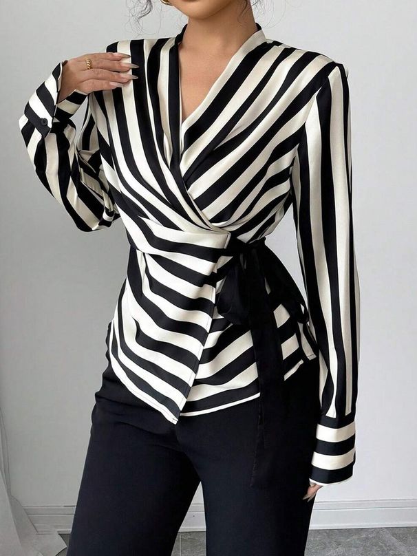 European American Cross-border Foreign Trade Women's Casual Striped Long-sleeve Shirt With V-neck, Slim Fit,_ecoleips.com