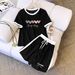Summer Women's Black White Color Block Set Simple Heart English Print Short Sleeve Top With Shorts_ecoleips.com
