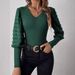 2026 Elegant Ribbed V-Neck Chiffon Patchwork Long Sleeve Solid Color T-Shirt Slim Fit Top For Women With Lantern Sleeves_ecoleips.com