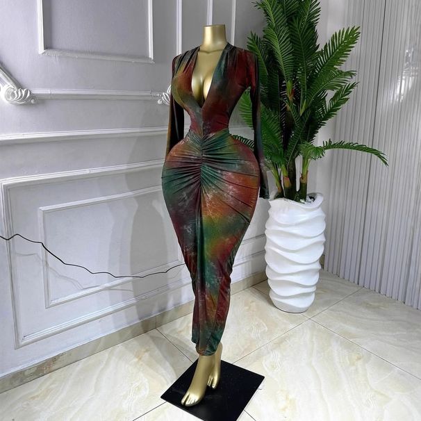 Women's Long Sleeved Pleated Dress European And American Style V Neck High Elasticity Sexy Print Dress_ecoleips.com