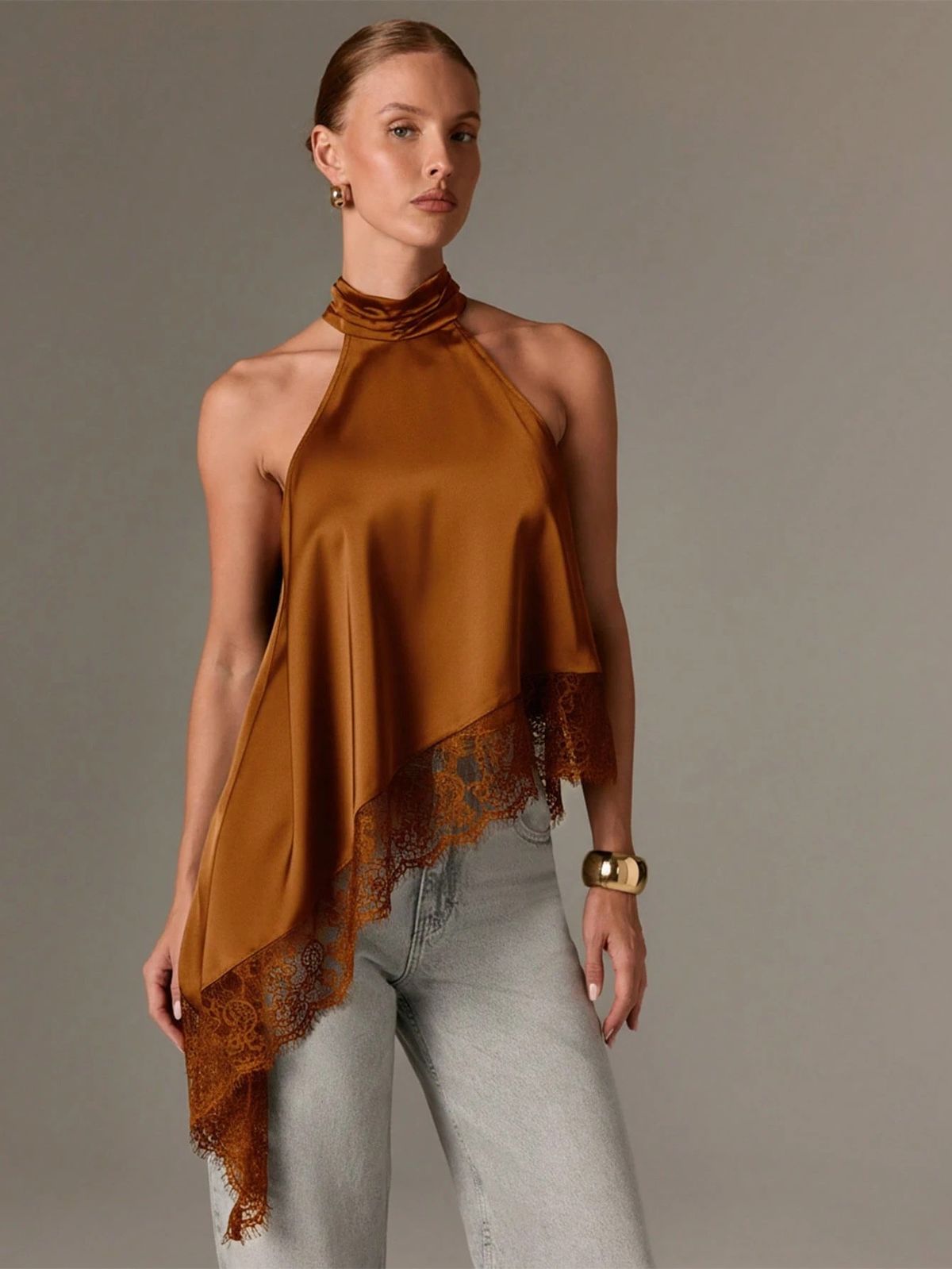Sexy Halter Neck Camisole Women's Top Backless Solid Color Slimming Lace Irregular Hem Versatile_ecoleips.com