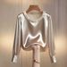 Elegant French-Inspired Pearl Embellished Satin Blouse - Round Neck, Long Sleeve, Pure Color, Office & Casual Wear (Black/White/Beige/Green, S-XXL)_ecoleips.com