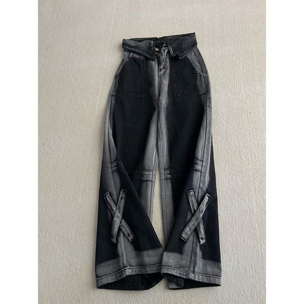 Women's Clothing Gray Gradient Cuffed Retro Distressed Jeans For Women Spring Design High Waist Loose Slim Straight Floor Length Pants_ecoleips.com