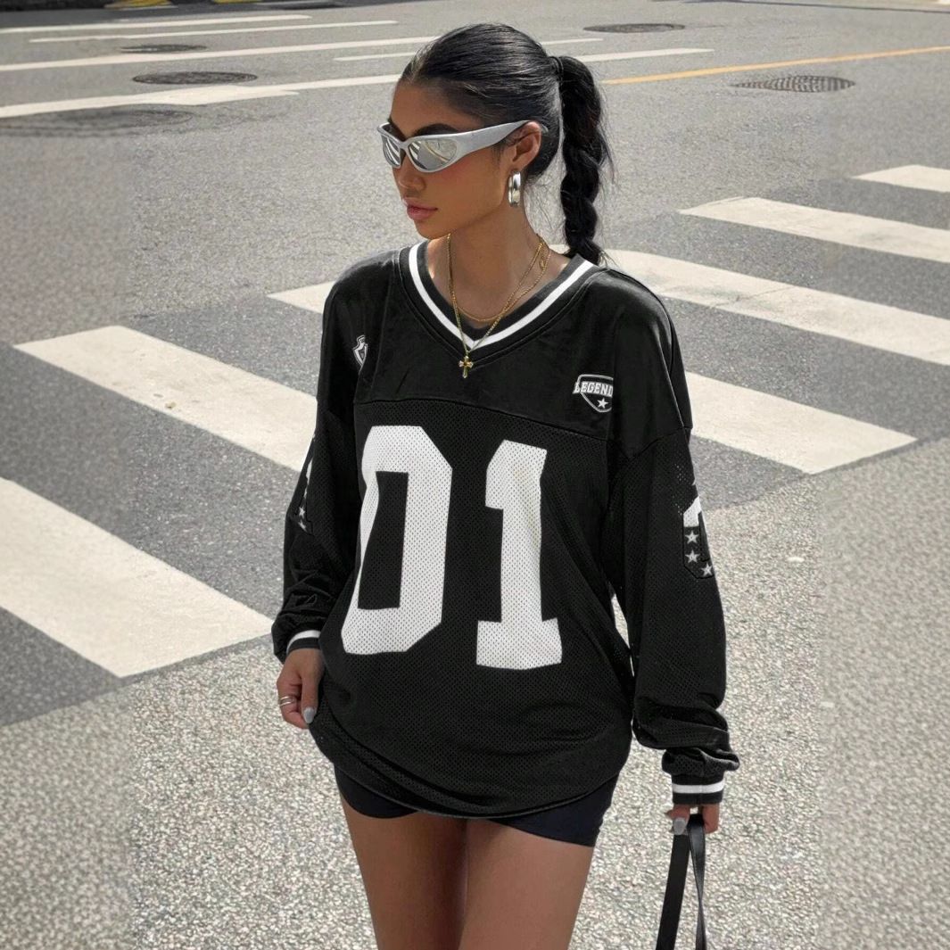 Women's Digital Printed Long Sleeve T-Shirt Color Block V-Neck Pullover Loose Fit American Style Top_ecoleips.com