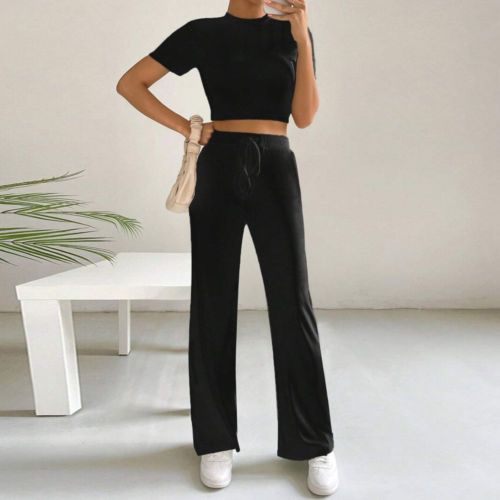 Voya Women's Clothing European And American Sports Style Fashion Short Sleeved Slim Fit Knitted Short Sleeved High Waisted Wide Leg Pants Two-piece Set_ecoleips.com