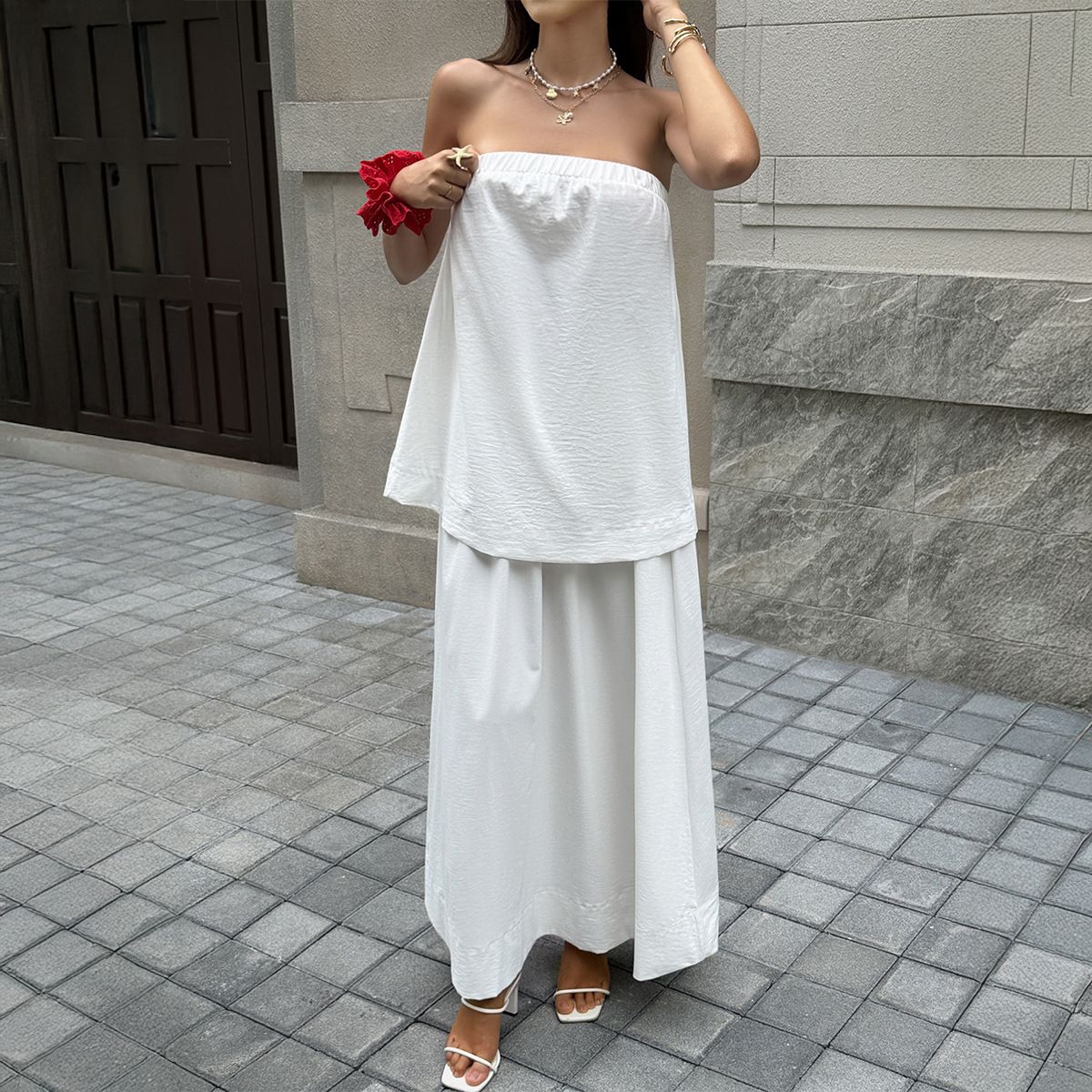 Women's Clothing Women's Artistic Resort Wear Set Strapless Top Long Skirt Loose Fit Spring Summer Style Clothing_ecoleips.com