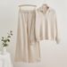Solid Color Knit Lapel Top & Drawstring Wide Leg Pants Set - Comfortable Office & Casual Outfit For Women_ecoleips.com