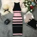 2026 Summer Women's Hanging Neck Knit Long Dress Round Neck Stripes Hit Color Waist Slim Slim Ming Knit Long Dress Office Lady_ecoleips.com