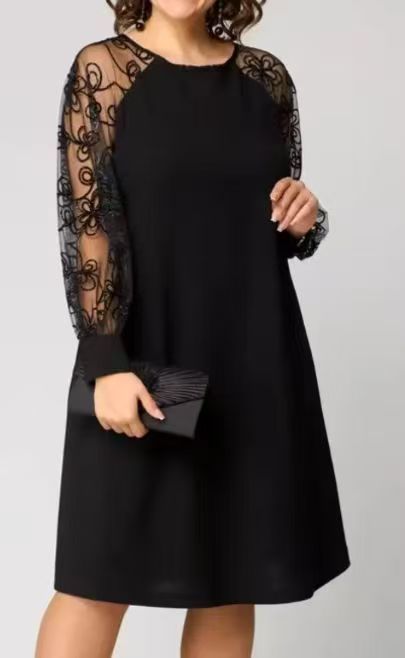 Women’S Lace-Paneled Long Sleeve Dress – Stretchy Polyester A-Line Shift Dress With Round Neck (Black, S-5xl)_ecoleips.com