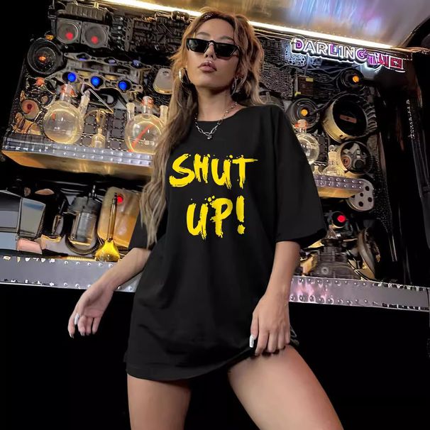 Women's Clothing Women's Black Casual T-Shirt Round Neck Short Sleeve Letter Print Simple Sports Top Style Loose Fit_ecoleips.com