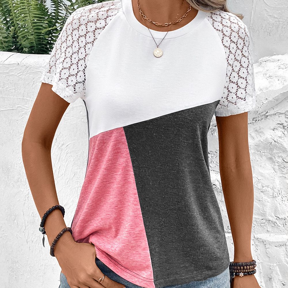 Aria Basics Aria Basics Cross-border European And American Women's Clothing, Summer Color-blocking, Round-neck Loose Short-sleeve Casual_ecoleips.com