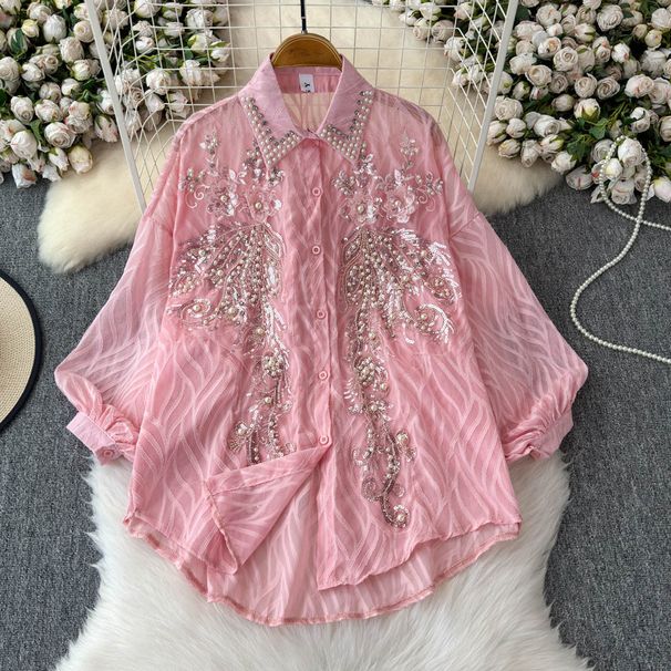 Fashionable Shirt For Women Heavy Sequin Embroidery Diamond Studded Versatile High End Lantern Sleeve Slimming Top_ecoleips.com