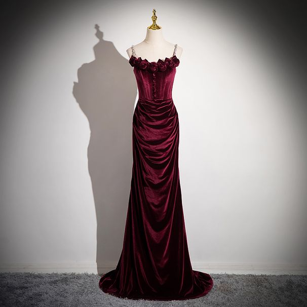Women's Clothing White Wine Red Velvet Evening Dress Skirt Female Light Luxury Niche Toast Dress Bride Sling Slim Art Exam_ecoleips.com