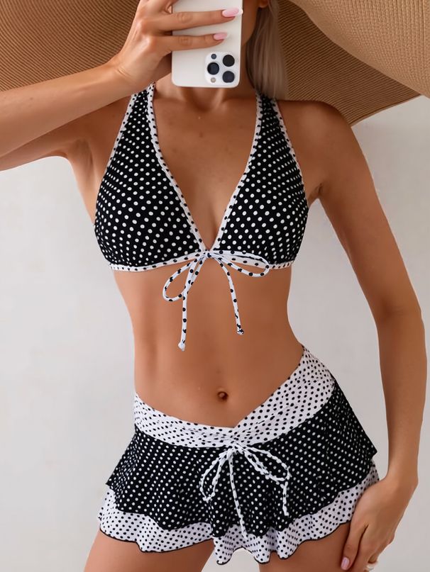 Women's Three Piece Swimsuit Set Polka Dot Print Bikini Strappy Sexy Dress With Cover Up Skirt Style Vacation Wear_ecoleips.com
