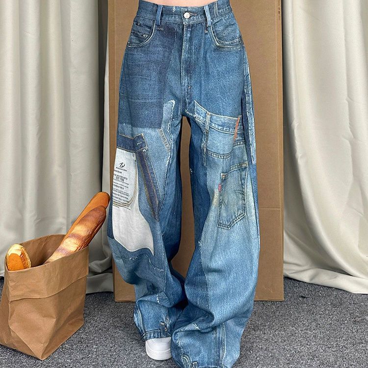 Women’s Clothing large size patch patchwork printed jeans women's autumn and winter new hot girl design mopping trousers_ecoleips.com