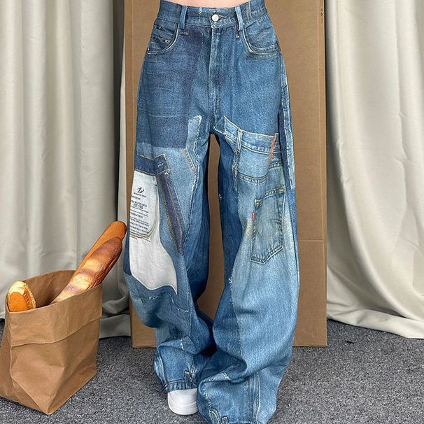 Women’s Clothing large size patch patchwork printed jeans women's autumn and winter new hot girl design mopping trousers_ecoleips.com