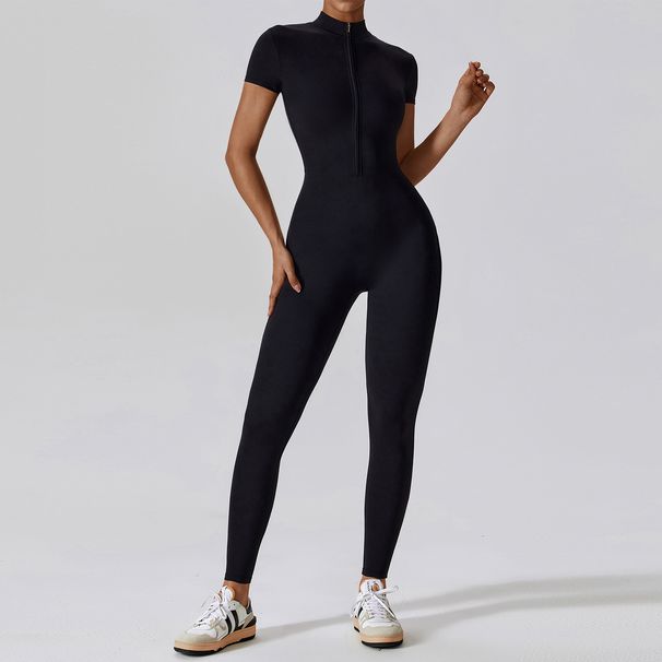 Women's Onesie Short-sleeved Trousers Solid Color Zipper Crew Neck_ecoleips.com