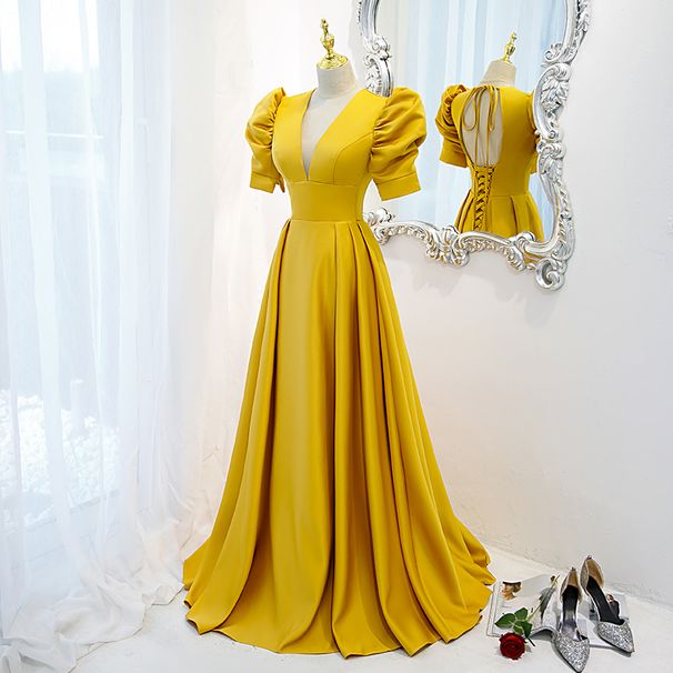 Women's Clothing Golden Yellow Evening Dress Stage Show Catwalk Banquet Satin Luxury Host Long_ecoleips.com
