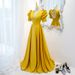 Women's Clothing Golden Yellow Evening Dress Stage Show Catwalk Banquet Satin Luxury Host Long_ecoleips.com