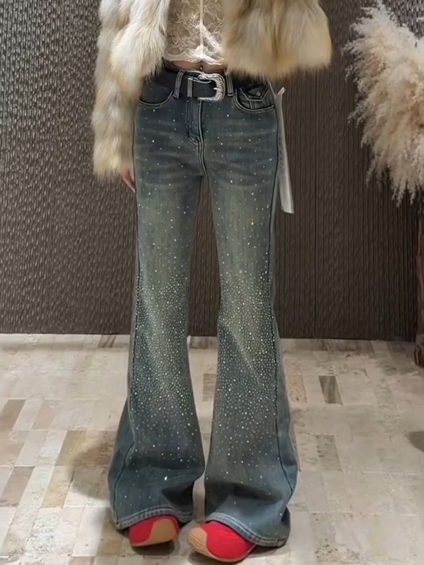 Plus Size Vintage Flare Jeans For Women – Stretchy High-Waisted Rhinestone Embellished Bootcut Denim Pants (Blue, S-3XL)_ecoleips.com