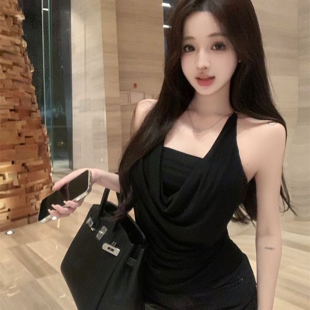 Purely Alluring Black Off-shoulder Camisole For Women, New Summer Style, Sexy Backless Top With Chain Design, Trendy_ecoleips.com