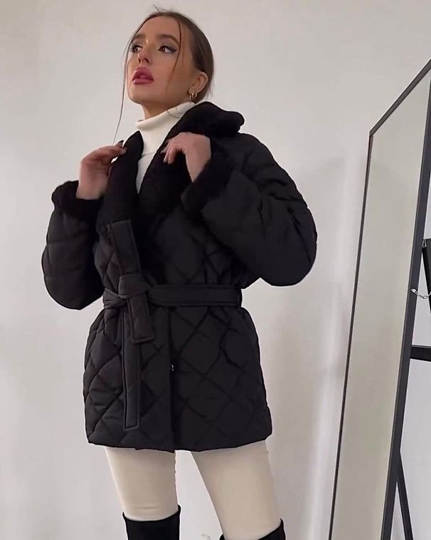 New Chic Lapel Thick Loose Parkas Women Grid Pattern Solid Cotton Padded Jacket With Belt Elegant Lady Warm Outwear_ecoleips.com