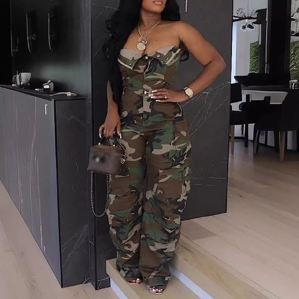 Women's Clothing Breasted Tube Top Slim High Waist Multi Pocket Jumpsuit Trousers_ecoleips.com