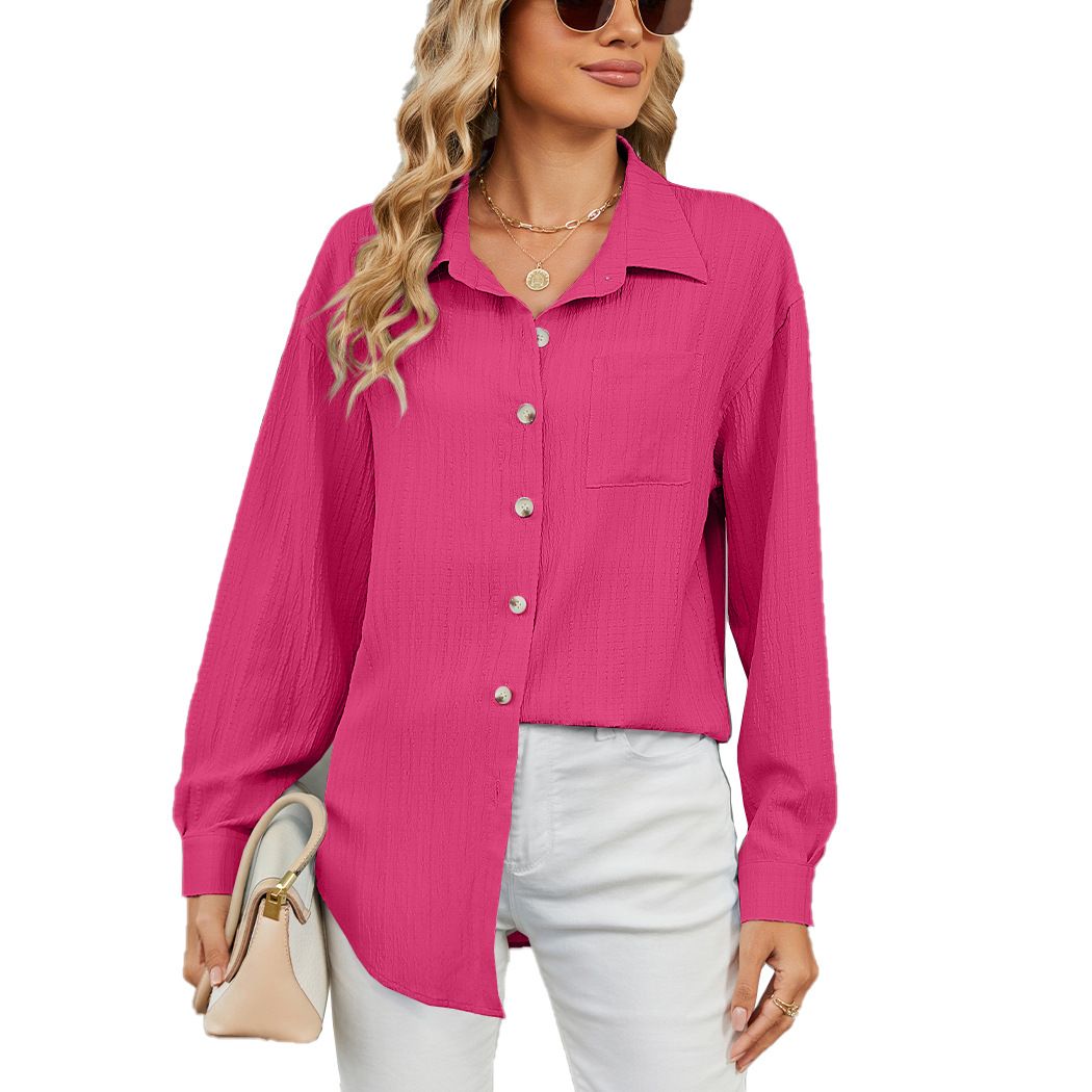 Women's Clothing Casual Loose Long Sleeved Lapel Button Solid Color Shirt Female_ecoleips.com