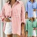 Women's Clothing Women's Loose Fitting Collar Striped Shirt Spring Summer Roll Up Sleeves Pocket Detail For Formal & Casual_ecoleips.com