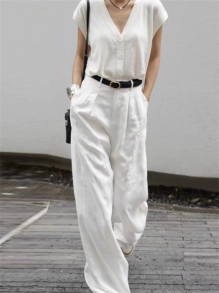 Women's Linen-Blend Wide Leg Pants – High Waist Loose Fit Trousers For Pear Shape & Petite, Breathable Summer Office Pants_ecoleips.com
