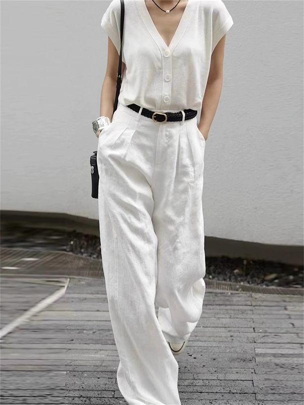 Women's Linen-Blend Wide Leg Pants – High Waist Loose Fit Trousers For Pear Shape & Petite, Breathable Summer Office Pants_ecoleips.com