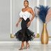 Women's sexy slim contrast color tube top bow mesh hip-covering skirt suit_ecoleips.com