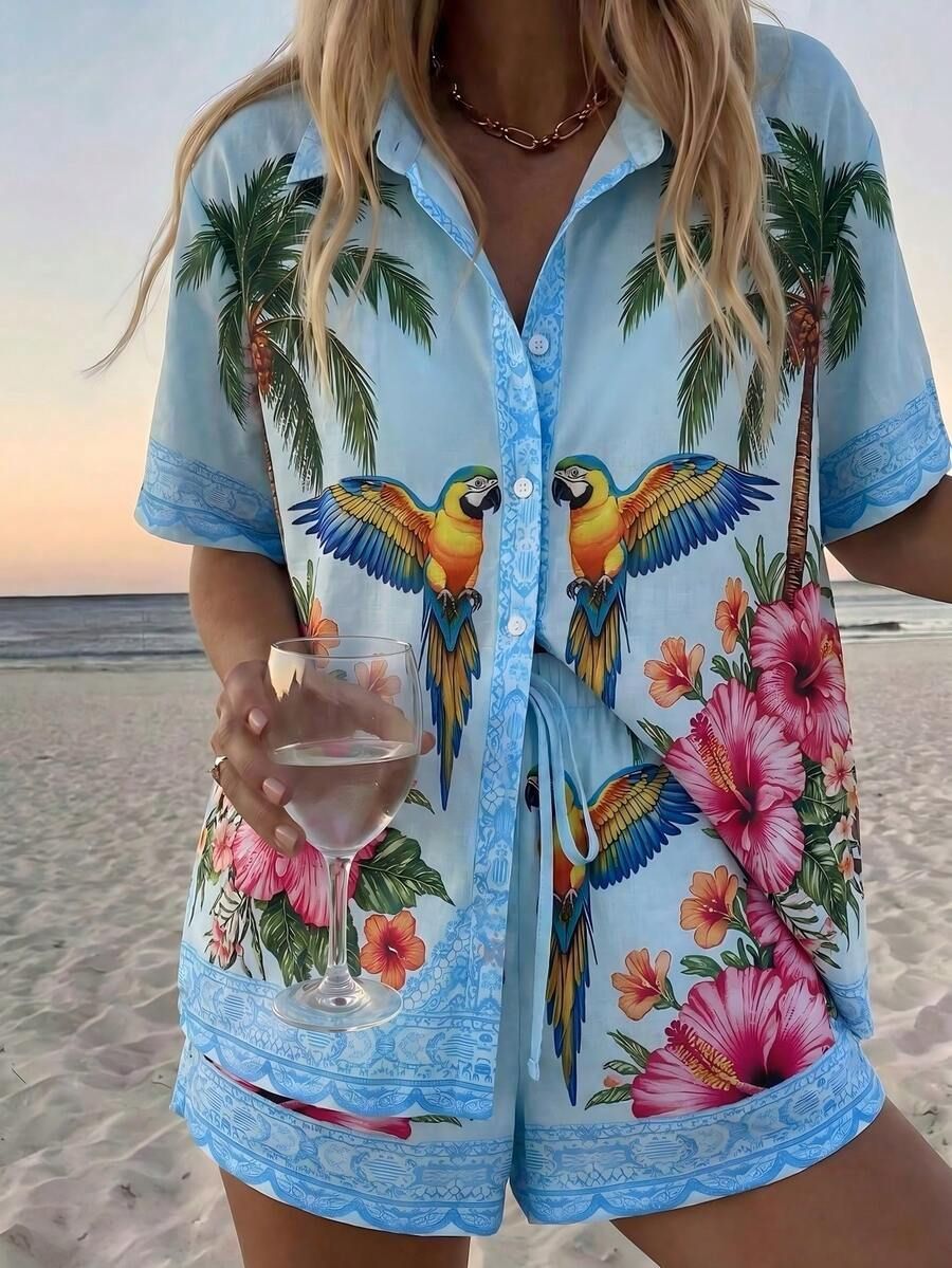 Summer Vacation Style Printed Shirt And Shorts Set For Women Collared Short Sleeve_ecoleips.com