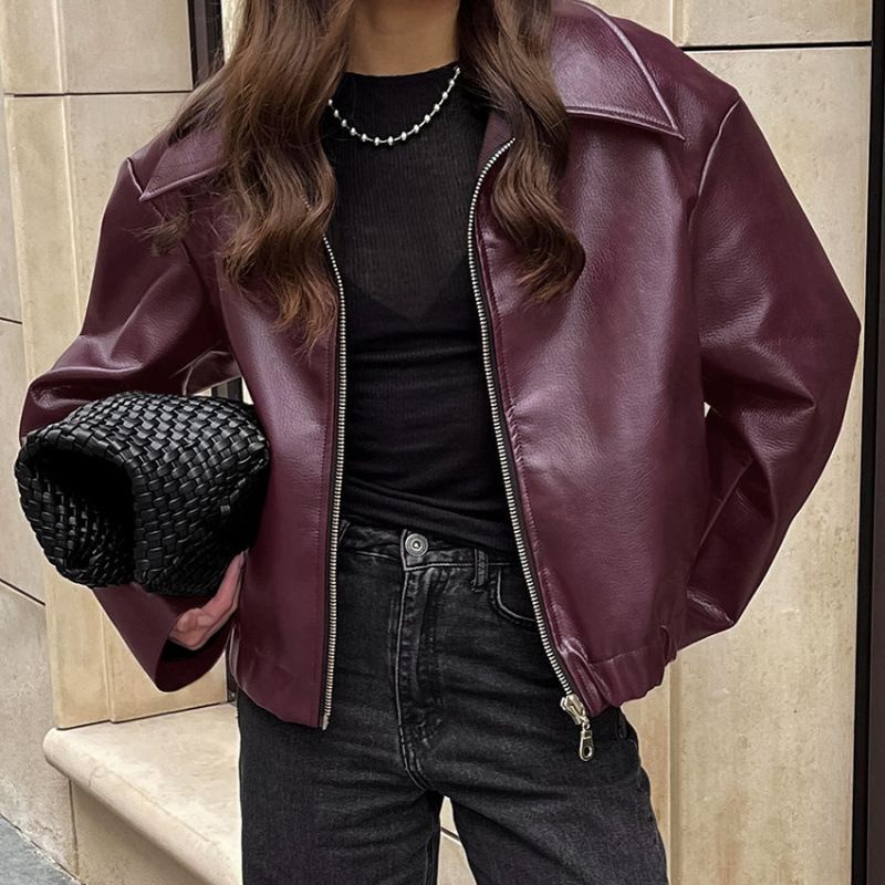 Oversized Biker-Style Leather Jacket For Women - Long Sleeve Loose Fit Coat (Burgundy/Brown/Black/Olive Green)_ecoleips.com