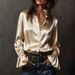 Elegant Satin Long-Sleeve Blouse For Women – Chic & Versatile With Mandarin Collar, Flared Cuffs & Wrinkle-Resistant Fabric_ecoleips.com