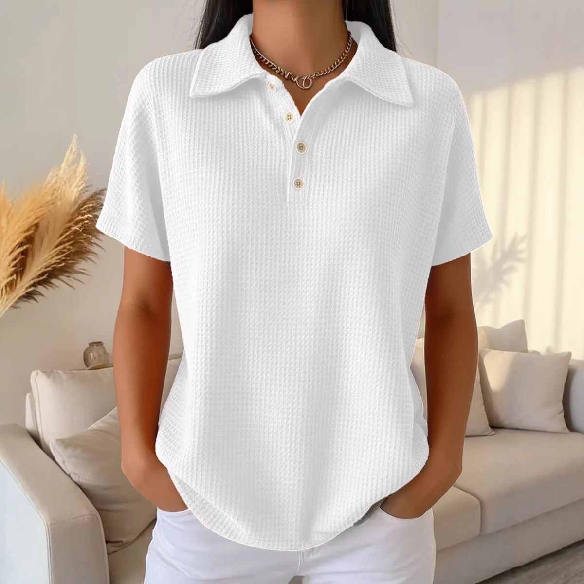 Spot Goods Women's Fashion Polo Waffle Knit Top Solid Color Loose Short Sleeve Spring/Summer_ecoleips.com
