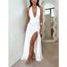 Women's Clothing Halter Neck V Neck Strap Backless Slit Dress Temperament Long Skirt_ecoleips.com
