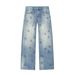 Women's Fashion Casual Mid Waist Wide Leg Ripped Cuff Jeans Rhinestones Sparkling Details Clothing_ecoleips.com