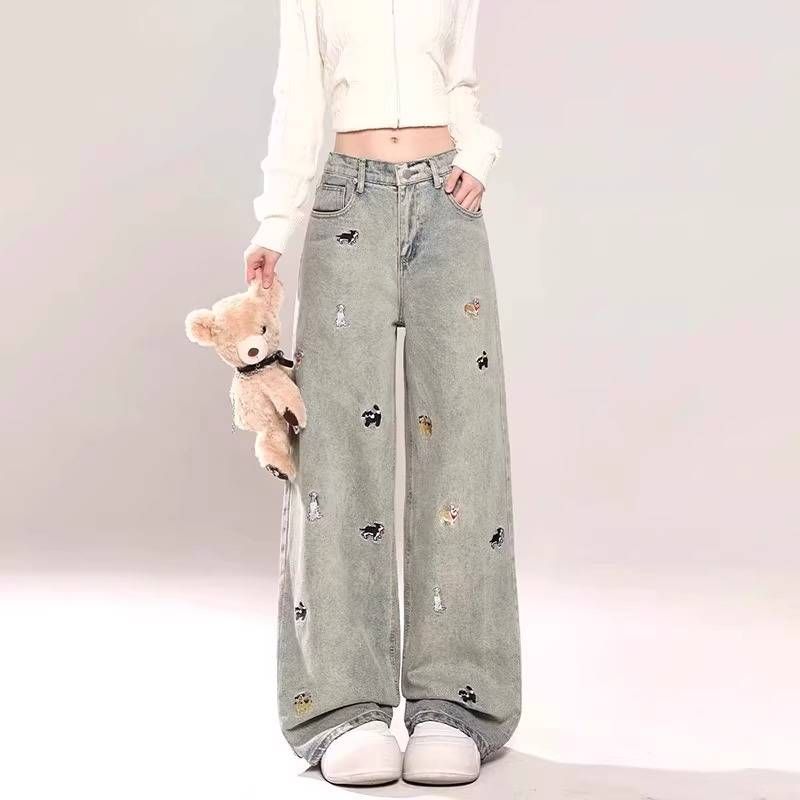 Cartoon Puppy Embroidered Straight-leg Jeans For Women, Large Size, High Waist, Loose And Slimming, Washed And Aged Wide-leg Pants_ecoleips.com