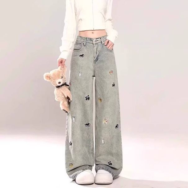 Cartoon Puppy Embroidered Straight-leg Jeans For Women, Large Size, High Waist, Loose And Slimming, Washed And Aged Wide-leg Pants_ecoleips.com