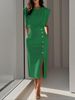Women's Clothing Fashion Royal Sister Style Solid Color Round Neck Waist Slit Metal Button Summer Dress For Women_ecoleips.com