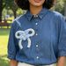 Women's Clothing Blue Floral Denim Shirt Loose Fit Slimming Casual Short Sleeve Korean Style Fresh_ecoleips.com