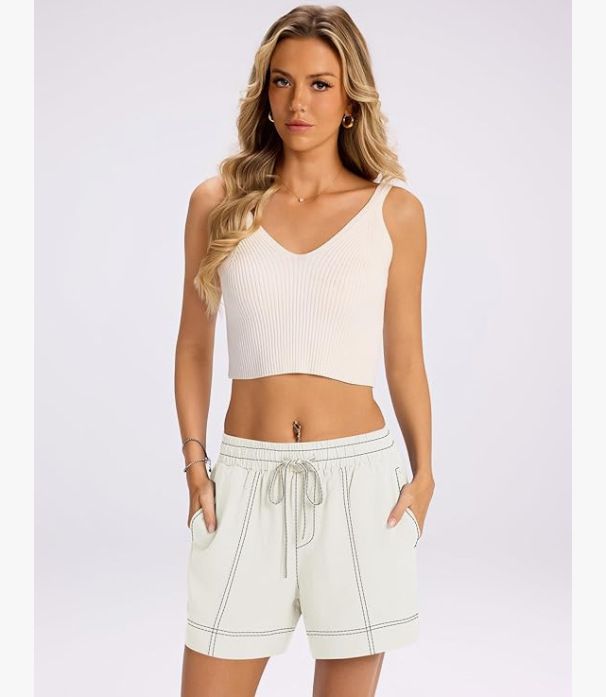 Women's Clothing Casual Shorts Elastic Waistband Drawstring Summer Style Topstitching Pockets_ecoleips.com