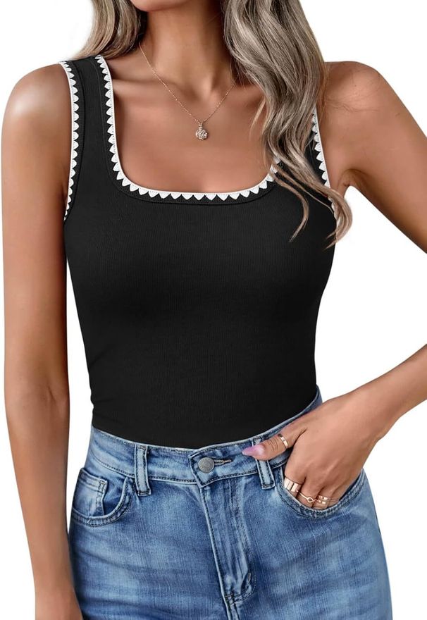 2026 Women Square Neck Sleeveless Vest, Embossed Craft Color Block Slim Fit Casual Summer Sleeveless Blouse_ecoleips.com