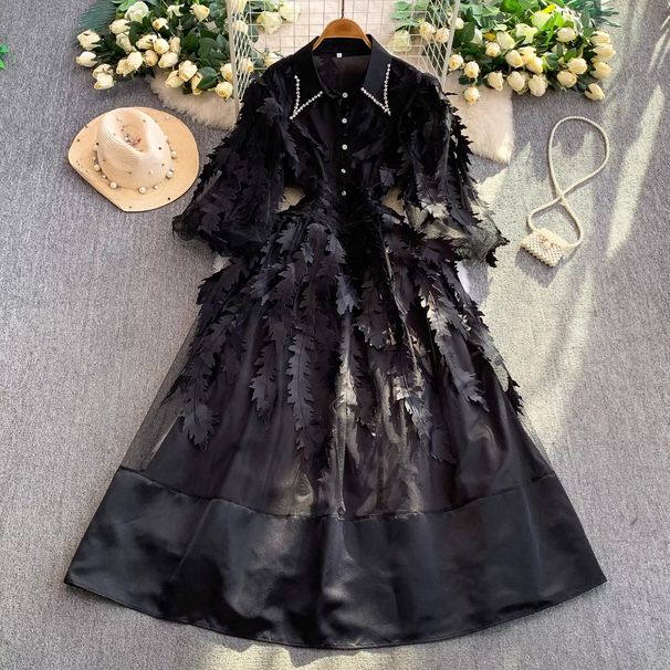 Elegant Full Skirted Dress European American High End Design Mesh Splicing Lace Lantern Sleeves Waist Cinching Slimming_ecoleips.com