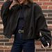 Women's Casual Suede Lapel Bomber Jacket With Pockets Style Winter Outerwear_ecoleips.com