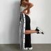 Women's Clothing Leg Pants Fashion Straight Leg Pants With Side Buttons & Striped Design - High Waist Wide Leg Trousers In Stretch Knit Fabric_ecoleips.com