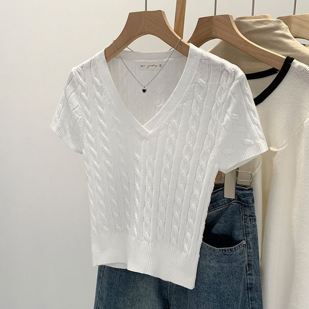 Women's Slim Fit V Neck T-Shirt Short Sleeved Summer Top Sexy Design Flattering Silhouette off the Shoulder Knitwear_ecoleips.com