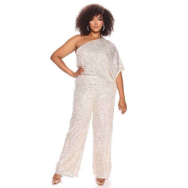 Women's Clothing Autumn And Winter New Fashion Casual Sleeveless One Shoulder Sequined Wide Leg Jumpsuit_ecoleips.com